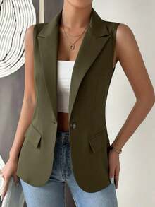 Blazer sin mangas de estilo elegante de color verde oliva para mujer, chaleco casual con solapa y botón en tela tejida lisa, corte regular - Verde Oliva - Ver 5