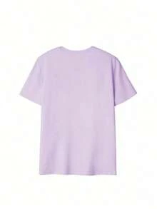 Camiseta de mujer de manga corta con cuello redondo y estampado de letras, casual y versátil para uso diario - Morado - Ver 4