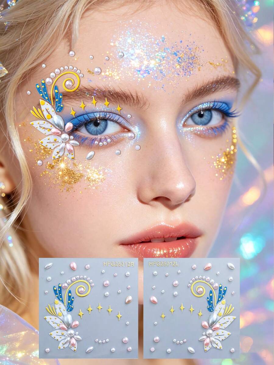 1pc Rhinestone Eye Jewel Sticker - Half Eye Pink & Blue Floral Rhinestone Sticker, Self-Adhesive Face Gems, Suitable For Eye Makeup, Music Festivals, Parties And Outings, Convenient Reusable Decoration To Enhance Eye Makeup,Rhinestone Face Sticker