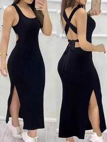 Vestido ajustado y sexy con cuello bajo, espalda descubierta, tirantes cruzados y abertura - Negro - Ver 1