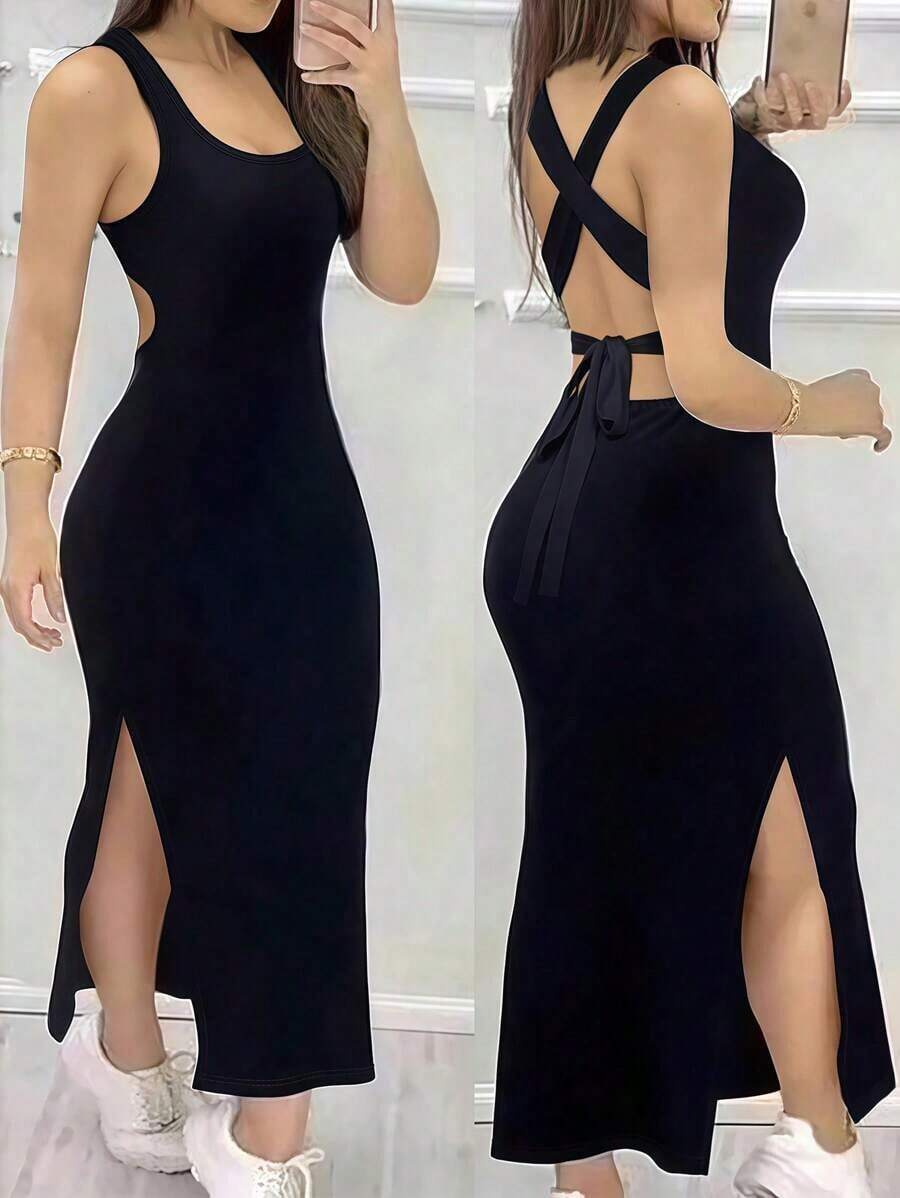 Vestido ajustado y sexy con cuello bajo, espalda descubierta, tirantes cruzados y abertura - Negro - Ver 1