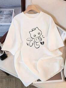 Camiseta con diseño de gato ángel lindo para mujer | Parte superior blanca suave y transpirable, diseño de línea negra simple, cuello redondo, manga corta, estilo casual - regalo ideal para amantes de los gatos, atuendo festivo, estampado divertido, tela de calidad, camiseta casual de modaComfortable, versatile short-sleeved top. - Blanco - Ver 7