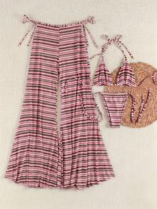 3pcs/Set Pink Striped Halter Bikini, Mesh Wide Leg Cover Up, Sexy Vacation Style Swimwear - Multicolor - View 3