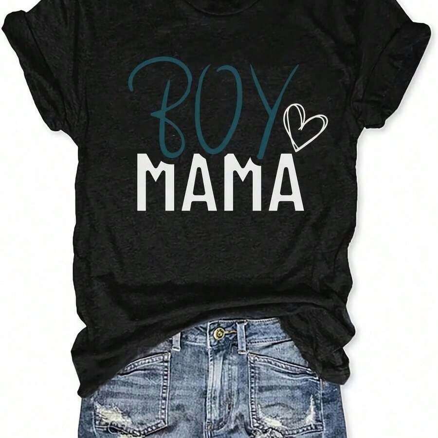 1 pieza de camiseta para mujer con estampado "Madre de Niño", negra con corazón azul y verde y letras blancas, de corte holgado, cuello redondo y manga corta, camisa casual para uso diario, como regalo para el Día de la Madre, ropa "Madre de Niño", cómoda para todas las estaciones, adecuada para uso diario, estructura duradera, material ligero, ropa para madres, diseño impecable, para ir al trabajo, rendimiento de secado rápido, ropa de viaje, 180g de algodón 100%. - Negro - Ver 1