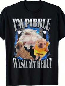 Funny Meme T-Shirt For Men "I'm Pibble, Dog, I Wash My Belly" - With Cute Pibble Puppy Print And Graphic, Casual Crew Neck T-Shirt For Parties, Beach, Casual Wear - Humorous Clothing For Dog Lovers, Suitable For All Seasons, Party Outfit, Beach Outfit, Playful Design - 黑色 - 查看 7