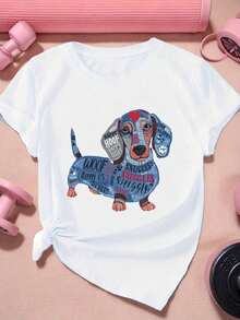 1 Piece Of Women's White T-Shirt With Dachshund Dog Print, Round Neck, Casual Cotton T-Shirt, Medium Elasticity Knit Fabric, Regular Fit For Ladies, For Spring/Summer/Autumn, 180g, 100% Soft Cotton. - 白色 - 查看 6