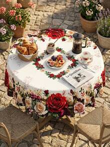 1pc Vintage Rose Floral Garden Print Tablecloth, Romantic European Farmhouse Style Polyester Rectangular/Oval Table Cover With Red Rose, White Rose, Flower Bouquet, Green Leaf Botanical Pattern, Decorative Dining Tablecloth - Multicolor - View 5