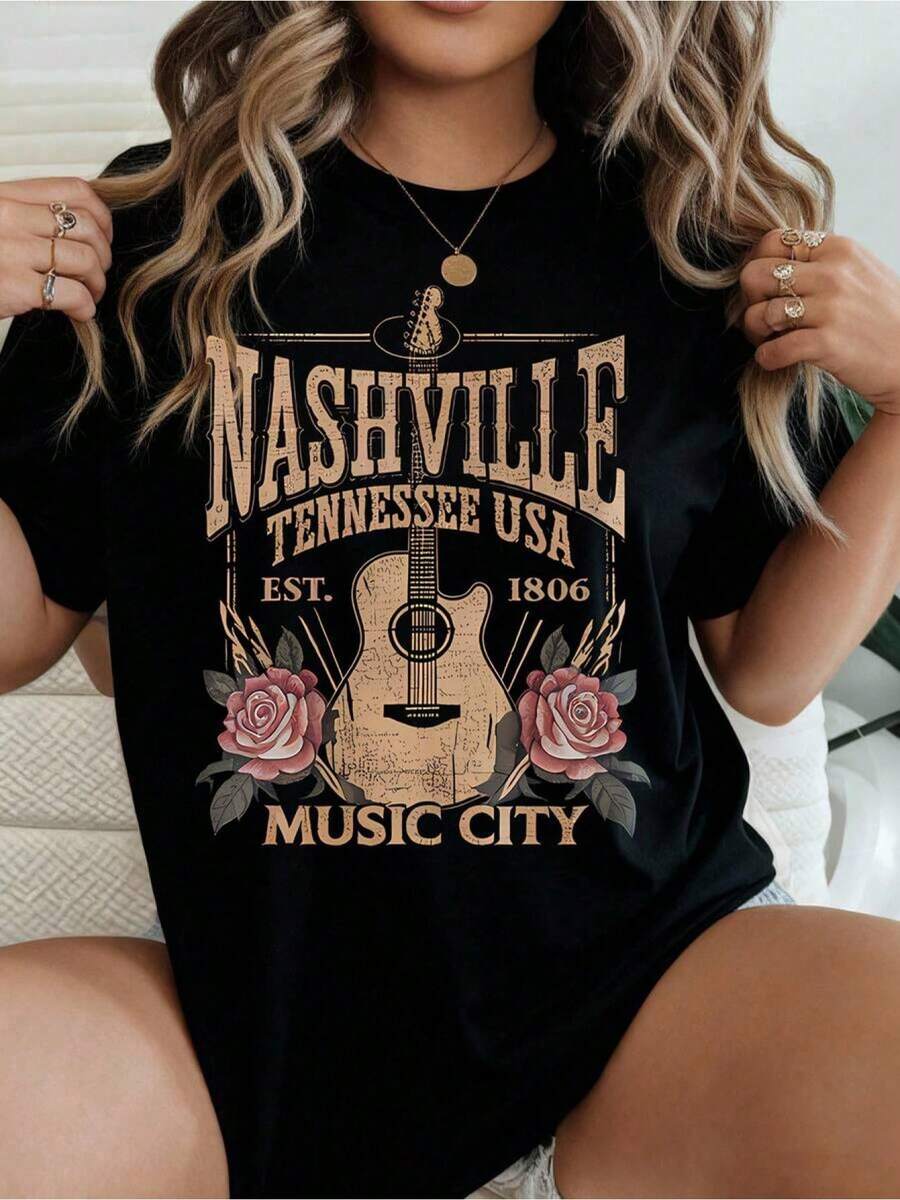 The Howell Women's Limited-Edition T-Shirt Is Casual And Versatile. It Has A Musical Style And Is Perfect For Summer. Comfortable And Stretchy, This Short-Sleeved T-Shirt Is Available In Sizes 1XL-5XL. Made From Lightweight Cotton. - 黑色 - 查看 1