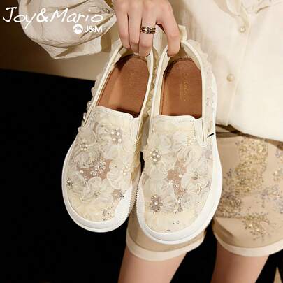 joy&mario 1 Pair Women Office Work Slip-On Platform Shoes, Apricot Floral Lace Sequin Breathable Comfortable Sneakers, For Commute, Work & Daily Wear - J&M