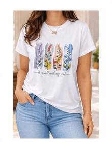 Camiseta suave 100% algodón de manga corta para mujer con estampado floral en acuarela y frase en inglés, diseño artístico botánico espiritual casual, camiseta de algodón transpirable, combina con todo, genial. - Blanco - Ver 1