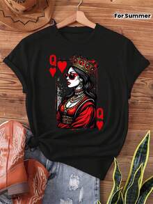 T-Shirt With Queen Of Hearts Card Print, Short Sleeves And Round Neck, Casual Top For Summer And Spring, Women's Clothing - 黑色 - 查看 1