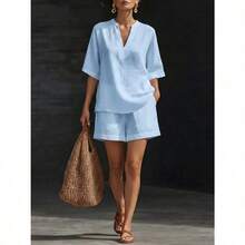 (Free Shipping)2026 Spring/Summer Women's Solid Color V-Neck Linen-Cotton Casual Top And Shorts Two-Piece Set - Blue - View 1
