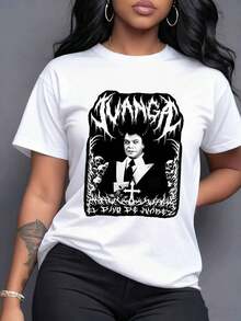 Iconic Image Of A Singer With White Eyes Surrounded By Skulls And Thorny Branches. Gothic Text Above, Inverted Cross Below. Unique Enigmatic Aura, Perfect For Fans Of Alternative Rock And Pop Culture. Women's T-Shirt, 100% Cotton. - 白色 - 查看 7