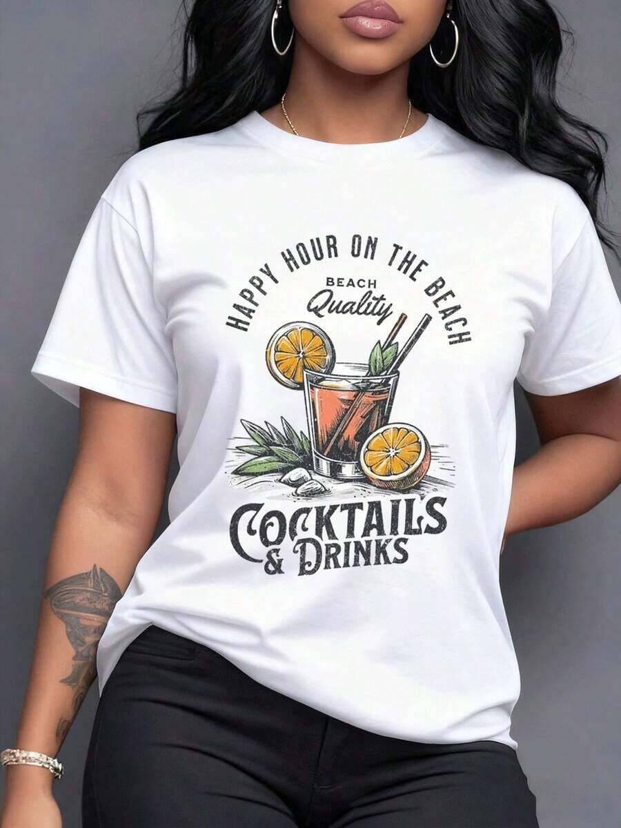 A Vibrant Summer Cocktail With Fresh Oranges And Mint, Evoking Happiness, The Beach, And Relaxation On Your Vacation. Ideal For Sunny Days And Special Celebrations. Women's T-Shirt, 100% Cotton, Maija Women's Curvy. - 白色 - 查看 1