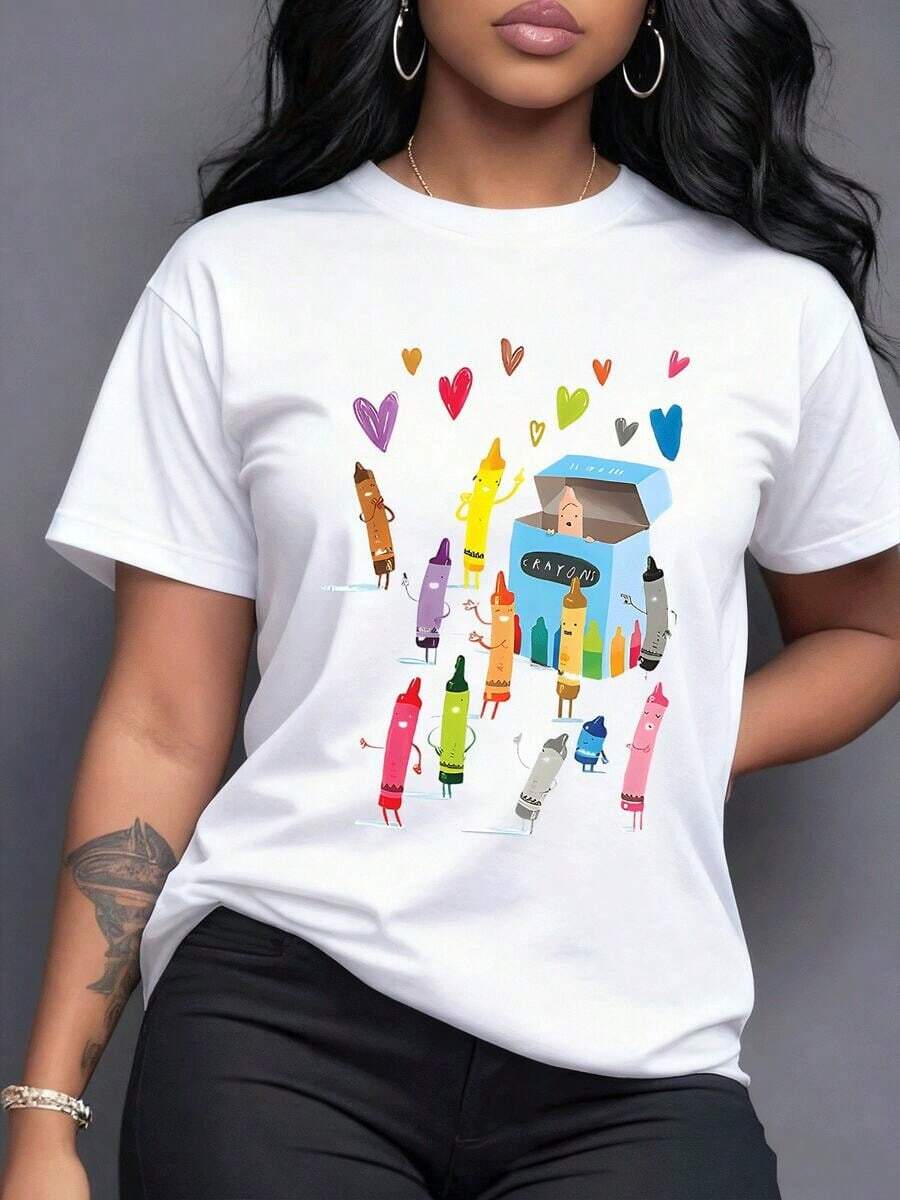 Animated And Vibrant Crayons Dancing Around Their Box With Floating Hearts Evoking Creativity, Joy And A Burst Of Color For Your Unique Day. Women's T-Shirt 100% Cotton, Maija Women Curvy. - 白色 - 查看 1