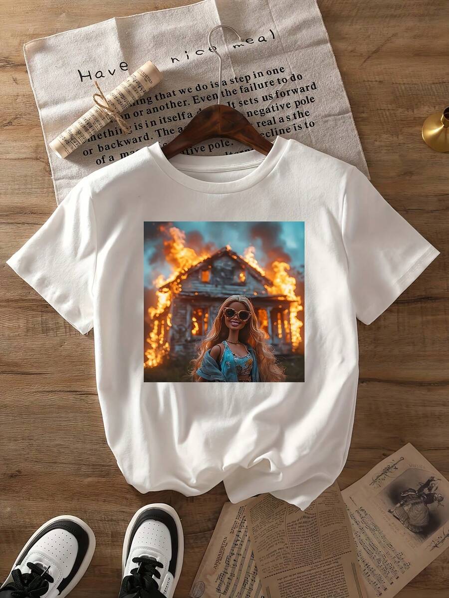 Camiseta de mujer estilo vintage urbano con estampado divertido de muñeca, de manga corta y cuello redondo, informal, adecuada para primavera y verano, ropa de mujer 100% algodón transpirable. - Blanco - Ver 1