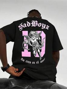 Angel And Demon Graphic With Sad Boyz Text In Black - Simple Casual Graphic T-Shirt 100% Pure Cotton - Short Sleeve Crew Neck T-Shirt, Soft And Comfortable, Urban Fashion Top For All Seasons, Casual Urban Clothing | Y2k Crew Neck T-Shirt - 黑色 - 查看 1