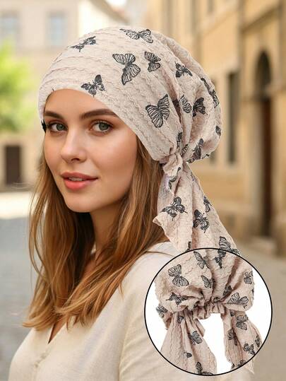 Pañuelo turbante con estampado de mariposa, pre-anudado para mujeres, ligero y elástico, transpirable para uso diario y hijab
