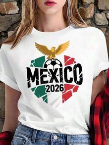 Playera Blanca de Mujer de México 2026 con Águila Real y Balón, Camiseta Aesthetic de Fanático de Fútbol Manga Corta, Top Moderno de Orgullo Mexicano Retro, Blusa Casual de Moda Mundial 2026 - Negro - Ver 1