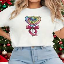 Women's White Cotton Short Sleeve T-Shirt with Colorful Lollipop Heart Graphic Regular Fit Round Neck Casual Tee - Blanco - Ver 1