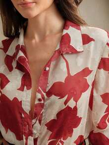 Blusa de manga larga casual de verano para mujer, de estilo jacquard francés tejido, elegante y de ocio para vacaciones - Rojo - Ver 5