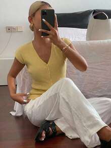 Cárdigan casual de verano para mujer, de unicolor, ajustado, de cuello en V, elástico y delgado - Amarillo - Ver 3