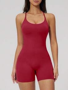NcmRyu 1pc Women's Solid Color Crisscross Back Fitted Elastic Backless Yoga Fitness Jumpsuit Sports - Red - View 7