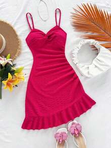 Vestido mini ajustado con cintura ceñida, bajo con volantes y giro asimétrico en el pecho, tejido en rojo, adecuado para vacaciones, citas, té de la tarde, vacaciones, festivales de música, estilo bohemio - Rosa Fucsia - Ver 1