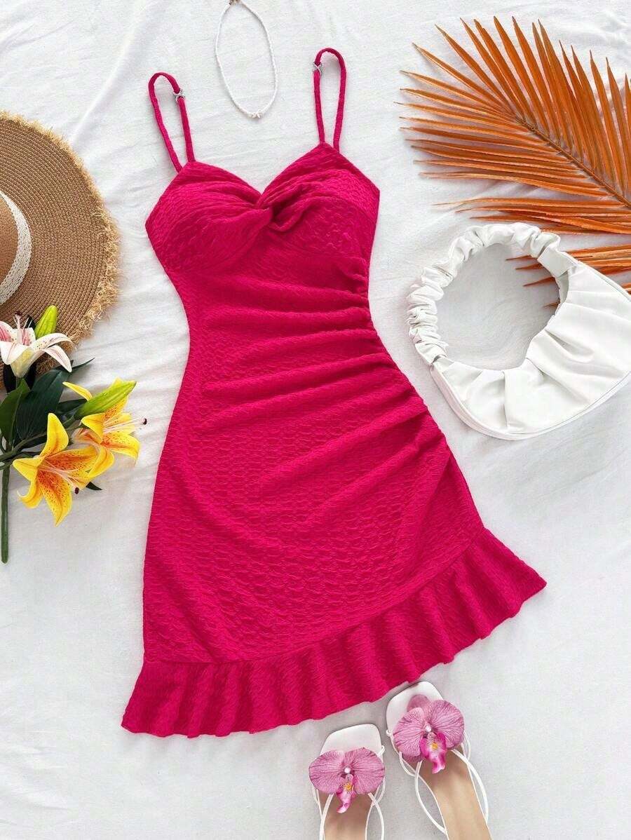 Vestido mini ajustado con cintura ceñida, bajo con volantes y giro asimétrico en el pecho, tejido en rojo, adecuado para vacaciones, citas, té de la tarde, vacaciones, festivales de música, estilo bohemio - Rosa Fucsia - Ver 1