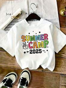 1 Piece Printed T-Shirt For Summer Camp 2025, Polyester Casual T-Shirt With Alphabet Pattern, Comfortable And Versatile For Women And Young Girls, Y2k T-Shirt. - 黑色 - 查看 10