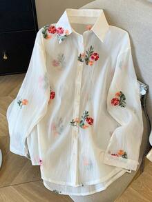 Conjunto de camisa de manga larga de hombros caídos y pantalones cortos de gasa holgada y regular - Blanco - Ver 7