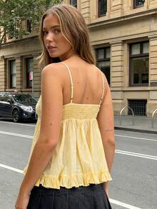 Women's Summer Camisole Button Front V-Neck Lace Ribbon Ruffled Peplum Hem Tank Tops - Yellow - View 2