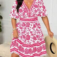 Holidaya Plus Size Women V-Neck Retro Print Casual Dress Curvy Summer Dresses Plus Size Floral Dress Plus Size Vacation Dress Women Summer Dresses Plus - Rosa Fucsia - Ver 1