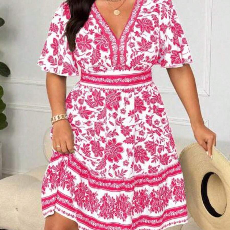 Holidaya Plus Size Women V-Neck Retro Print Casual Dress Curvy Summer Dresses Plus Size Floral Dress Plus Size Vacation Dress Women Summer Dresses Plus - Rosa Fucsia - Ver 1