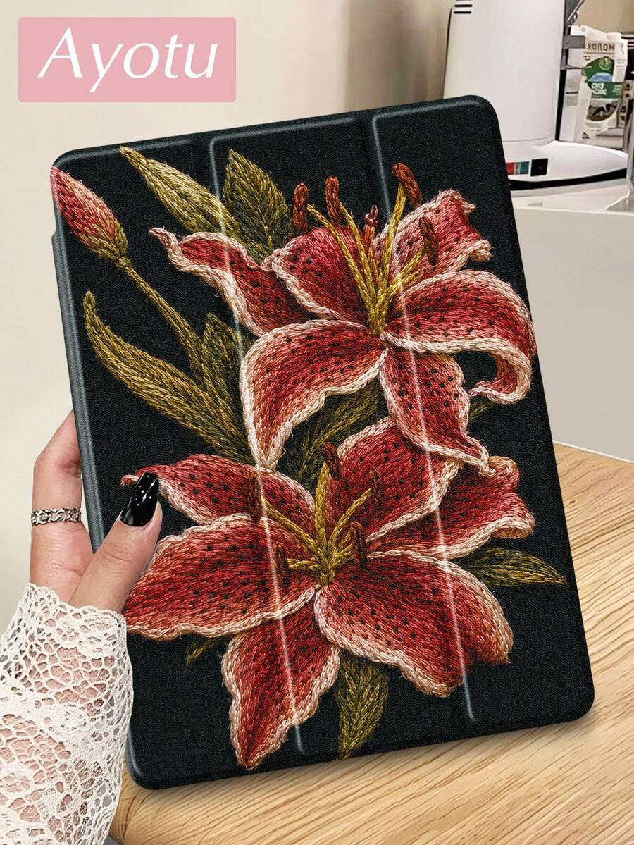 Ayotu 刺绣芙蓉花图案保护套，兼容 iPad 10.2 英寸 2021/2020 第九/八代，兼容三星 Galaxy Tab A8 10.5 英寸 2022，带笔槽，兼容 Kindle Paperwhite 第十二代 2024，支持自动睡眠/唤醒功能，时尚保护套。