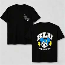 Camisa Negra Tema SAD GIRLZ CON, Estampado de Chica Triste, Estilo Versátil, Unisex, Serigrafía en Playeras, Playera de Algodón de Manga Corta - Negro - Ver 2