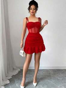 Nuevo vestido mini elegante y sexy con tirantes finos, de punto y malla, apropiado para citas y fiestas - Rojo - Ver 7