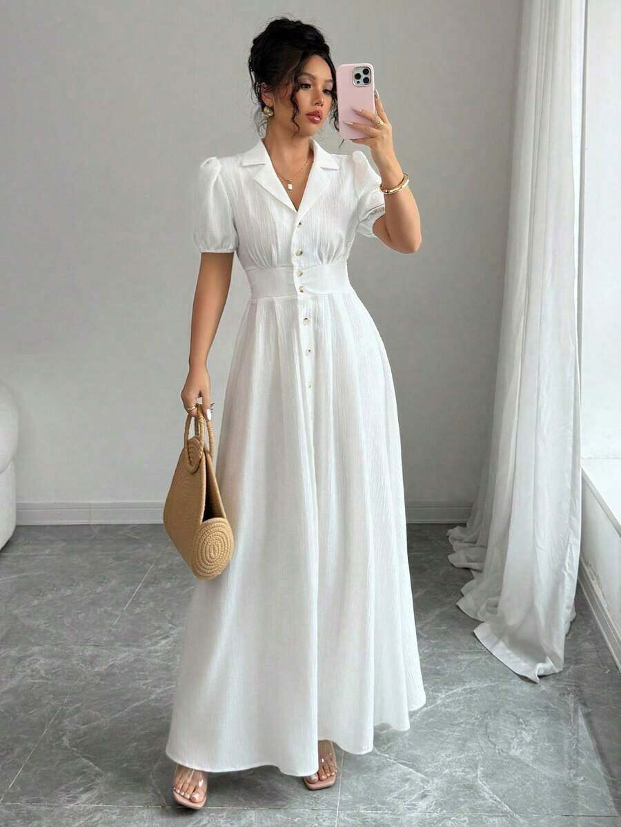 Vestido elegante de mujer de unicolor con cuello de solapa y mangas abullonadas - Beis - Ver 1