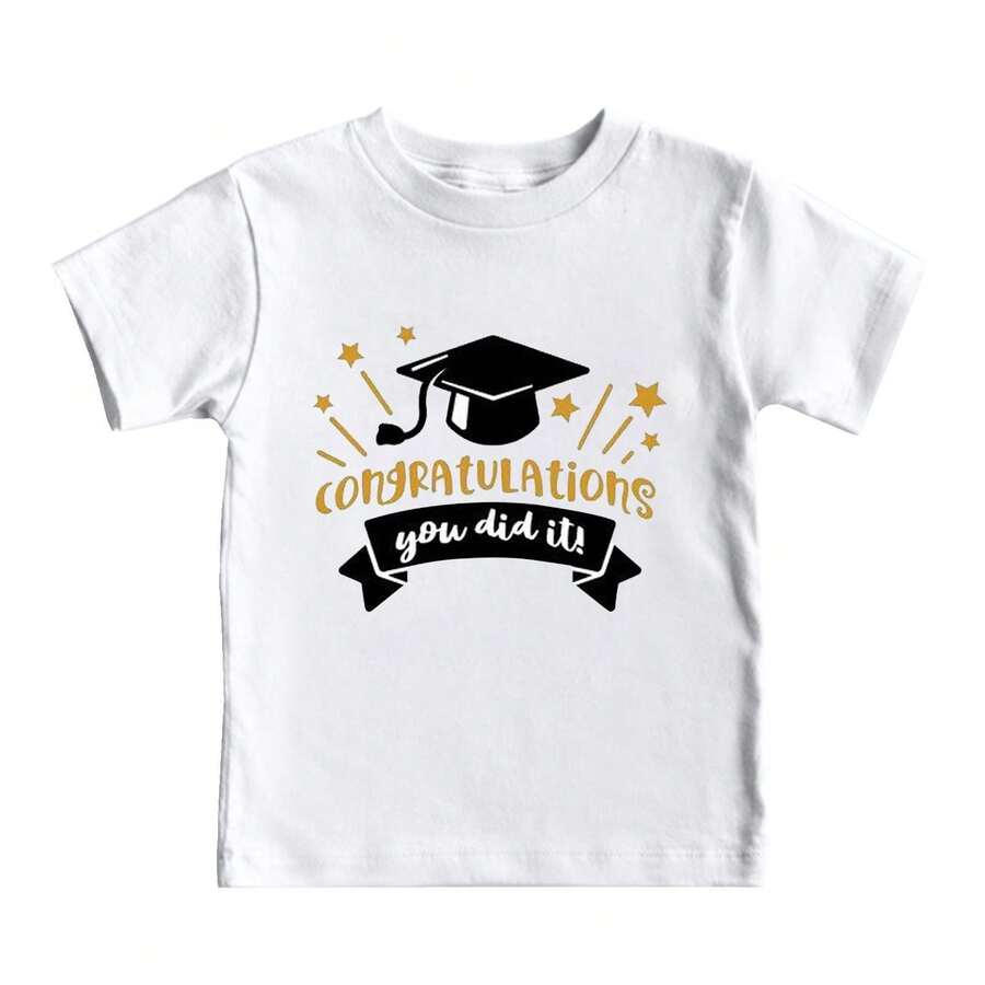 Camiseta de manga corta para niños, con estampado de gorra de graduación de verano, cómoda, resistente y holgada, esencial para el día a día, de puro algodón, estilo básico de manga corta y corte holgado para mujeres, adolescentes y chicas, material agradable para la piel, ideal para el día a día, la calle, el ocio, la vida universitaria, citas, fiestas, vacaciones y viajes. - Blanco - Ver 1