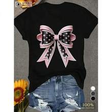 Camiseta de punto 100% algodón para mujer, talla grande, con estampado de lazo geométrico, top estilo streetwear, blusa de tela de manga corta con cuello redondo, estilo casual chic. RHJW - Negro - Ver 1