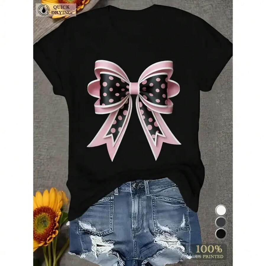 Camiseta de punto 100% algodón para mujer, talla grande, con estampado de lazo geométrico, top estilo streetwear, blusa de tela de manga corta con cuello redondo, estilo casual chic. RHJW - Negro - Ver 1
