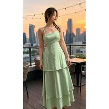 Long Chiffon Party Dress With Ruffles And Pads For Wedding, Graduation, Birthday Summer - màu xanh lá - Xem 2