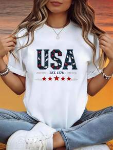 Women's Elegant Short Sleeve Tops, USA Est. 1776 Star Pattern, Casual Outdoor, Fade Resistant |  Fashion Top | Casual Women's Top KLWS - 白色 - 查看 1