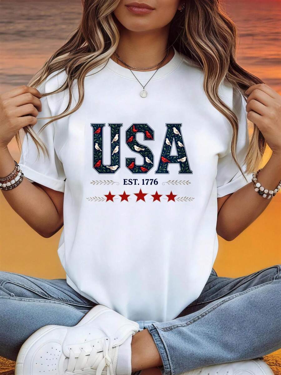 Women's Elegant Short Sleeve Tops, USA Est. 1776 Star Pattern, Casual Outdoor, Fade Resistant | Fashion Top | Casual Women's Top KLWS - 白色 - 查看 1
