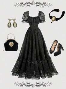 MOD Vestido largo de encaje blanco con volantes estilo victoriano vintage, vestido de fiesta, vestido de graduación, con exquisita mano de obra - Negro - Ver 6