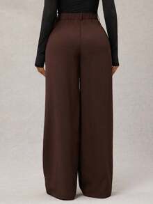 Pantalones anchos de pierna ancha de satén negro sueltos y minimalistas modernos para mujer, pantalones largos de oficina, pantalones anchos negros, pantalones anchos de cintura alta, pantalones de traje negros, pantalones largos de satén, pantalo - Café integral - Ver 2