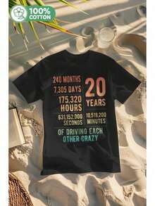 Funny T-Shirt For 20 Years Of Marriage, Graphic Print T-Shirt For 20th Wedding Anniversary, Women's Top - 黑色 - 查看 5