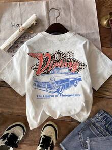 Women's One-Piece T-Shirt, Retro Casual Style With Car Print, Round Neck, Short Sleeve, Short And Fitted Cut, Summer Fashion, Suitable For All Seasons. - 白色 - 查看 3
