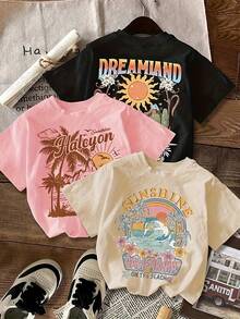 Una camiseta casual para mujer, de cuello redondo, manga corta, corte holgado, con estampado de paisajes, perfecta para el verano. - Negro - Ver 8