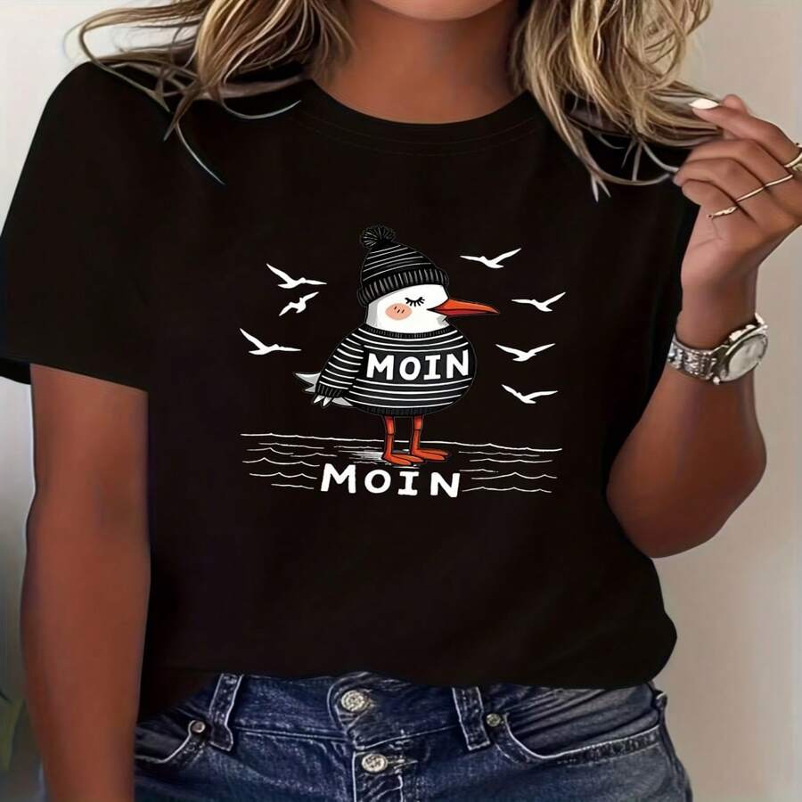 Talla Grande - Talla Grande - Moin Moin Lindo Gaviota en Suéter a Rayas, Estampado Gráfico Alemán del Norte, Camiseta de Mujer Talla Grande, Top Casual de Manga Corta y Cuello Redondo para Verano y Primavera, Ropa de Mujer - Negro - Ver 1
